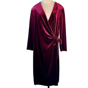 Anne Klein Womens Merlot Red Velvet True Wrap Sheath Dress XL Feminine Glam
